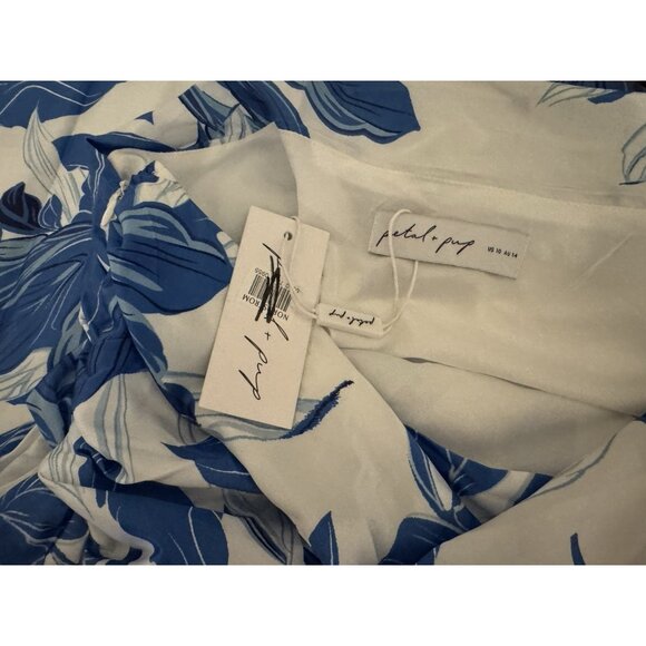 Petal & Pup Midi Dress 10 Blue White Floral Silky One Shoulder Washable NEW - Picture 12 of 16